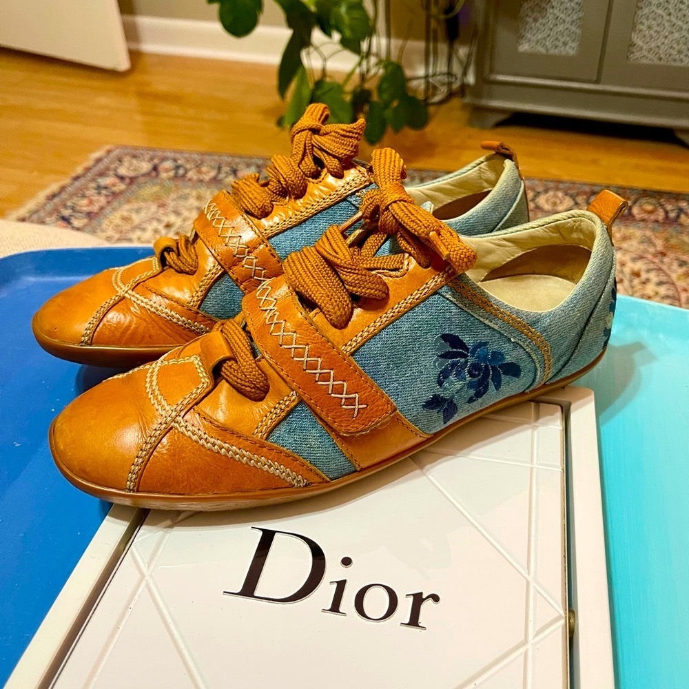 Dior Denim & Leather Embroidered Sneakers Size 39.5
